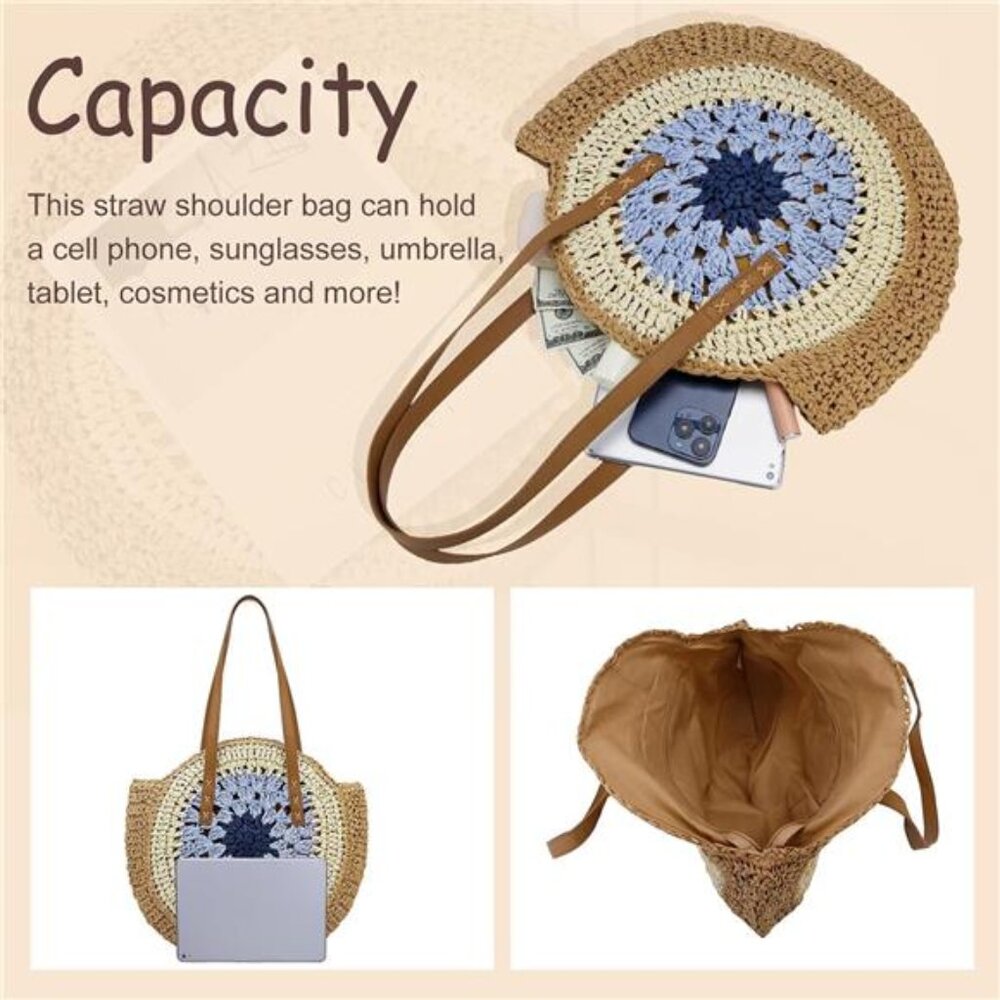 Round Straw Bag Handwoven Natural 02 - Picture 4 of 6